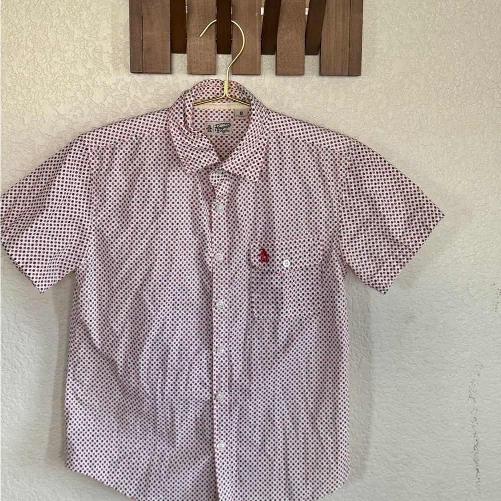 Child’s penguin Red Patterned Short-Sleeve Button-Up Shirt